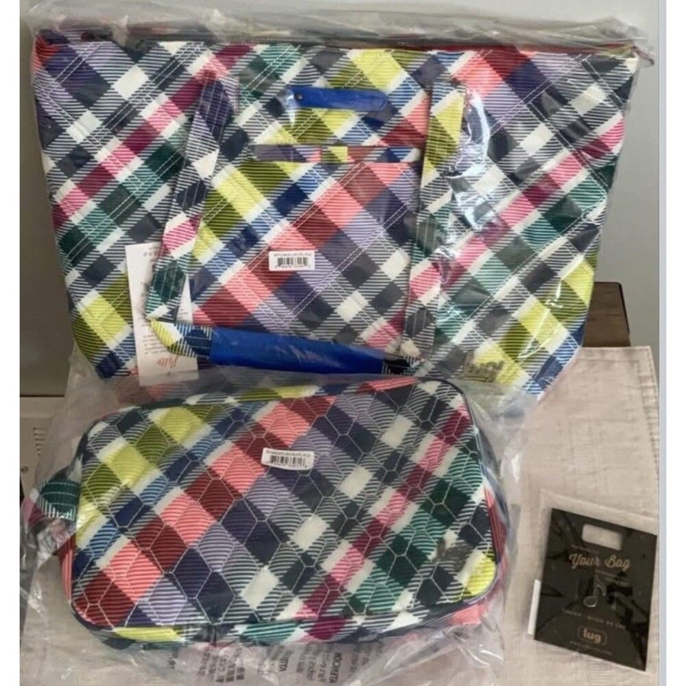 NIP Lug Skyliner 2 Double Handle Tote Bag, Bunker Playful Plaid &🎵Charm Bundle